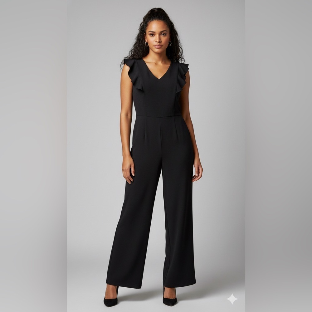 Donna Morgan Black Ruffle Shoulder - Wide Leg Jumpsuit sz 18 - Picture 6 of 6